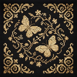 Op de afbeelding: Zwart kruissteekontwerp met twee gouden vlinders en bloemmotieven. De hoeken hebben gouden krullen. De vlinders en bloemelementen zijn ingewikkeld in goud gestikt, wat een textuureffect creëert.