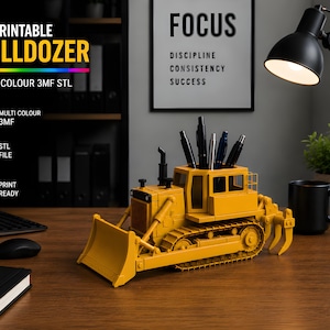 May include: A yellow 3D-printed bulldozer pen holder with a blade and tracks, holding pens. The image includes the text "3D Printable Bulldozer" and "Multi Colour 3MF STL". A black mug and desk lamp are also visible.
