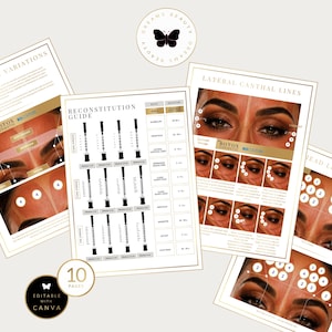 May include: A set of educational documents titled Reconstitution Guide and Lateral Canthal Lines featuring diagrams of facial injection points on human faces, syringe illustrations, and tables with numerical data, all presented on white paper sheets.
