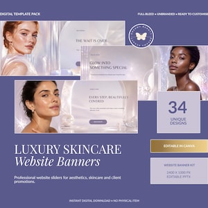 May include: A digital template pack of 34 luxury skincare website banners featuring portraits of three different individuals, iridescent backgrounds, and text including THE WAIT IS OVER, GLOW INTO SOMETHING SPECIAL, and EVERY STEP, BEAUTIFULLY COVERED.