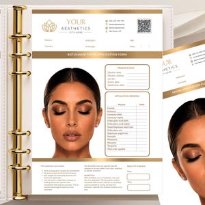 May include: A white and gold ring-bound planner containing a Botulinum Toxin Application Form. The page features a photograph of a person's face, a product data section, an application regions table, and post-application instructions in English.