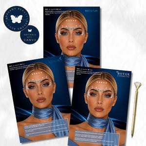 May include: Three educational posters featuring a blonde individual with a blue scarf, displaying facial injection points with a colour-coded key. Text includes BOCOUTURE, AZZALURE, and BOTOX COSMETIC. A gold pen with a diamond topper sits to the right.
