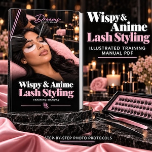 May include: A training manual titled Wispy & Anime Lash Styling featuring a photo of a person receiving lash extensions. The cover includes the text Dreams Beauty Studio and Step-by-Step Photo Protocols. A tray of lashes and two tweezers are nearby.
