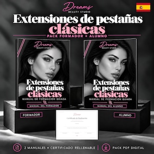 May include: Two black and white training manuals titled "Extensiones de pestañas clásicas" with a portrait of a person, alongside a "Certificado de finalización" document. The manuals are labeled "Manual del formador" and "Manual del alumno".