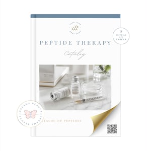 Catálogo de fórmulas de terapia con péptidos, folleto de dosificación, plantilla editable de Canva (PDF)