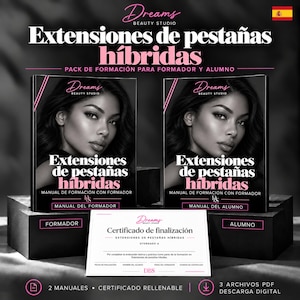 Formación pestañas híbridas | Manuales PDF docente y alumno, pasos fotografiados y certificado rellenable