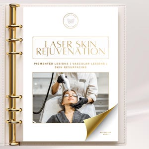 Könnte beinhalten: Ein weißer Referenzleitfaden in einem goldberingten Ordner mit dem Titel Laser Skin Rejuvenation. Das Cover enthält Text zu pigmentierten Läsionen, vaskulären Läsionen und Hauterneuerung sowie ein Foto einer Laserbehandlung.