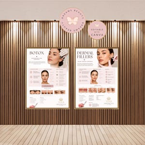 Puede incluir: Dos carteles informativos rectangulares que presentan servicios de Botox y rellenos dérmicos. Cada cartel incluye texto, imágenes faciales, fotos de antes y después y detalles del servicio sobre una pared de listones.