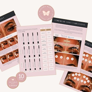 May include: A set of educational documents featuring a Reconstitution Guide and charts for Botox Cosmetic and Bocouture treatments. The pages include diagrams of facial injection sites, dosage information, and anatomical illustrations of the forehead.