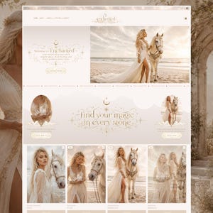 May include: A website interface for Enchanted featuring a light beige color palette, gold typography, and imagery of individuals in flowing white gowns alongside white horses on a beach, with text reading Find your magic in every stone.