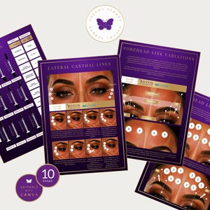 May include: A set of ten educational documents with a purple and gold color scheme, featuring diagrams of facial injection points for cosmetic procedures. The pages include text, anatomical illustrations of eyes and foreheads, and Canva branding.