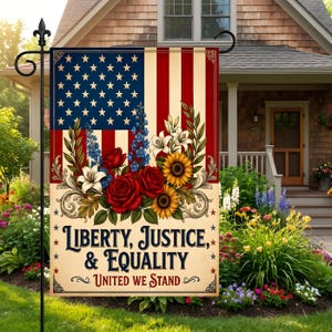Può includere: Una bandiera da giardino con il design della bandiera americana, con strisce rosse e bianche e un campo blu di stelle. Presenta una composizione floreale di rose rosse, girasoli e gigli bianchi, con il testo "Liberty, Justice, & Equality".