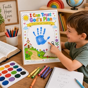 May include: A rectangular craft print titled I Can Trust God's Plan with a central blue handprint, a church illustration, a path, and an open book. The print includes the text Trust in the Lord. Proverbs 3:5, a name line for Noah, and a date line for 05/24/2026.