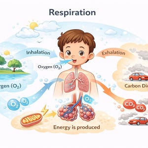 May include: An illustrated diagram of the respiration process. A child is inhaling oxygen, represented by blue arrows, and exhaling carbon dioxide, shown by orange arrows. The text includes "Respiration", "Inhalation", "Exhalation", "Oxygen (O2)", and "Carbon Dioxide (CO2)".