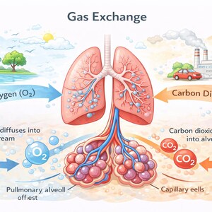 May include: An illustrated diagram of gas exchange in the lungs. The image shows the lungs, with arrows indicating the flow of oxygen and carbon dioxide. Text labels explain the process, including "Oxygen (O2)" and "Carbon Dioxide (CO2)".