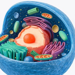 Op de afbeelding: Een 3D-illustratie van een cel, met zijn interne componenten. De cel is ingesloten in een blauw membraan, met verschillende organellen in tinten oranje, groen, paars en geel. De kern is oranje met een rood centrum.