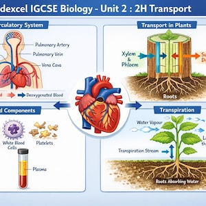 May include: An educational diagram from Edexcel IGCSE Biology, Unit 2: 2H Transport. The image illustrates the circulatory system, transport in plants, blood components, and transpiration. Key elements include a heart diagram, plant cross-section, and blood cell illustrations.