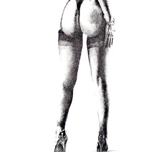 May include: Pen and ink drawing of a figure from the rear, wearing lingerie and high heels. The artwork is a detailed sketch with shading, highlighting the form and texture of the clothing and body.
