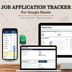Puede incluir: Un rastreador digital de solicitudes de empleo para Google Sheets, que se muestra en un teléfono inteligente, una computadora portátil y un monitor de escritorio. La interfaz muestra el estado de la solicitud, la información salarial y las estadísticas. El texto incluye "Job Application Tracker".