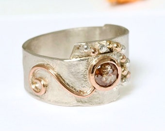 Salt and Pepper Diamond Statement Ring, Reticulated Silver and Rose Gold Rustic Earth Ring