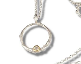 Recycled Diamond Pendant, Silver Diamond Circle Necklace, Diamond Halo Pendant