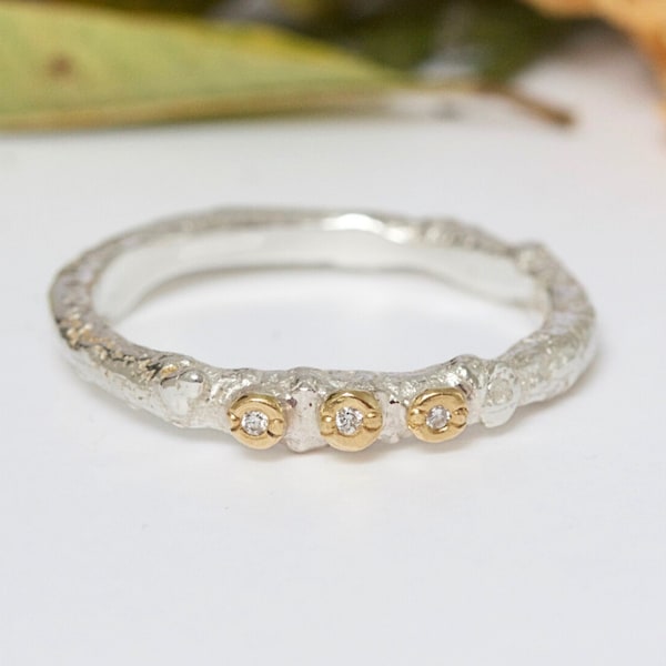 Nature Diamond Twig Ring, Silver and Gold Organic Wedding Ring