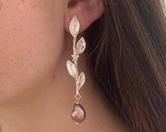 Statement Laurel Leaf Earrings, Long Drop Earrings, Silver and Pearl Wedding Earrings