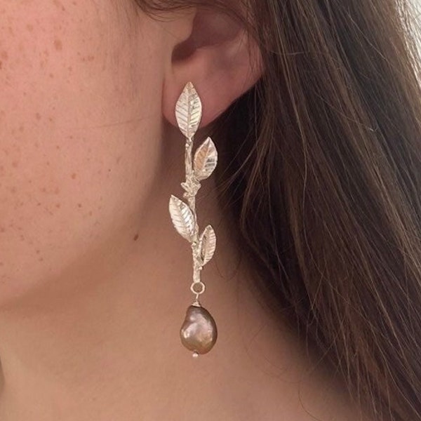 Statement Laurel Leaf Earrings, Long Drop Earrings, Silver and Pearl Wedding Earrings