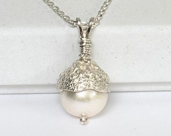Sterling Silver Pearl Acorn Necklace, Woodland Gift for Women