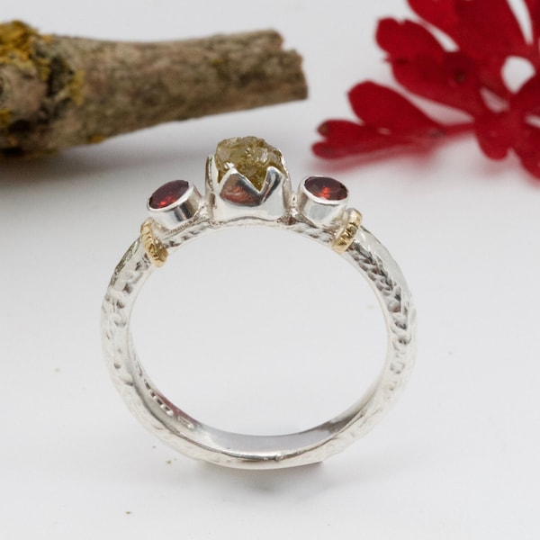 Cognac Rough Diamond and Garnet Ring, Rustic Trilogy Ring, Raw Diamond Earth Ring, Alternative Engagement Ring