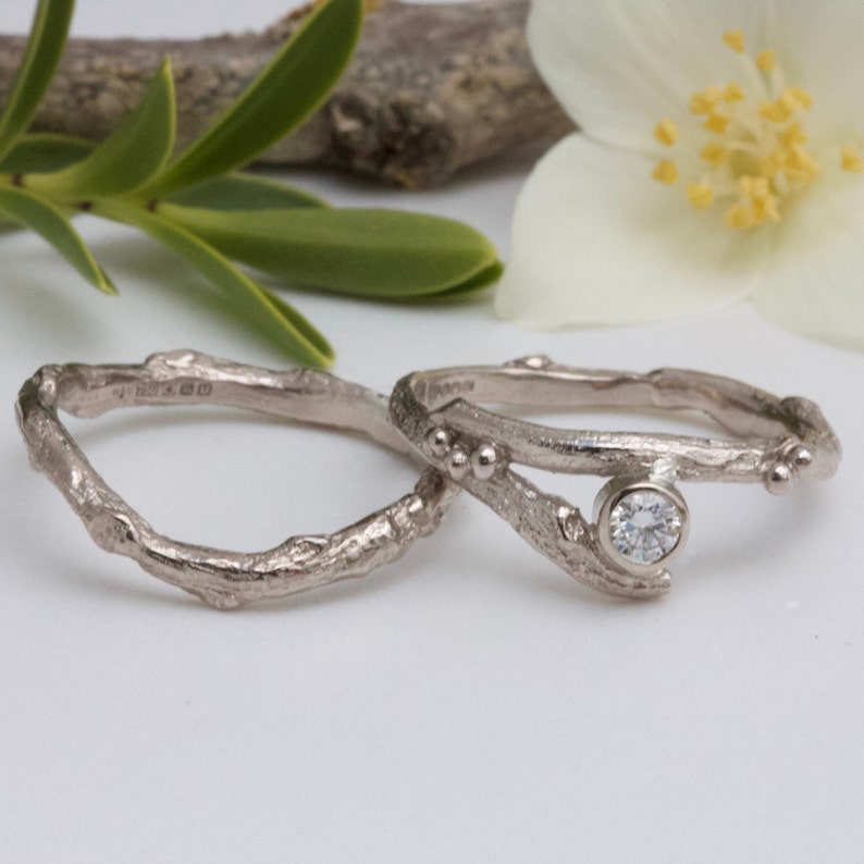 Twig Engagement Ring Set, 18ct White Gold and Diamond Rings, alternative handmade engagement ring, elvish rings image 1