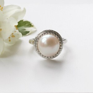 White Pearl Statement Ring, handmade pearl engagement ring, June Birthstone Ring, Large Pearl Dress Ring image 4