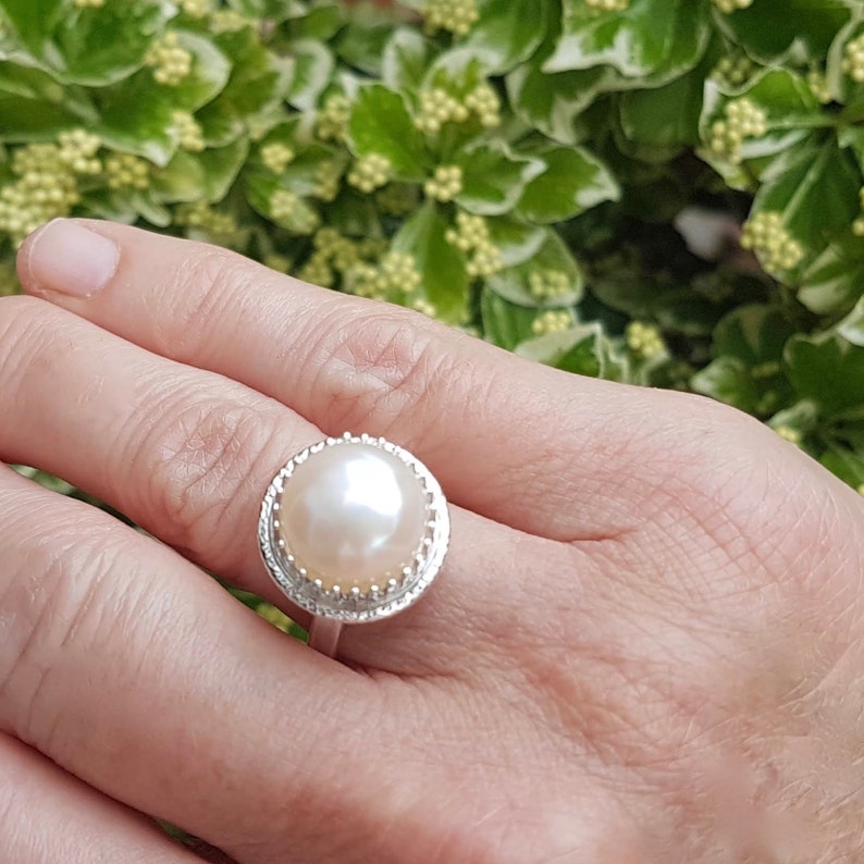 White Pearl Statement Ring, handmade pearl engagement ring, June Birthstone Ring, Large Pearl Dress Ring image 6