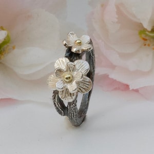 Cherry Blossom Ring. Mixed Metal Silver and Gold. Nature Jewellery image 1