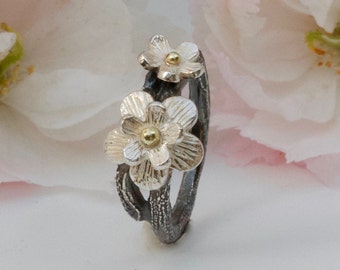 Cherry Blossom Ring. Mixed Metal Silver and Gold. Nature Jewellery