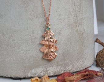 Rose Gold Oak Leaf Pendant, Solid 9ct Red Gold and Emerald Forest Leaf Necklace