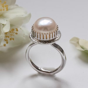 White Pearl Statement Ring, handmade pearl engagement ring, June Birthstone Ring, Large Pearl Dress Ring image 1