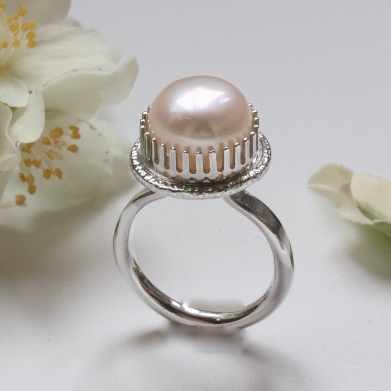 White Pearl Statement Ring, handmade pearl engagement ring, June Birthstone Ring, Large Pearl Dress Ring image 1