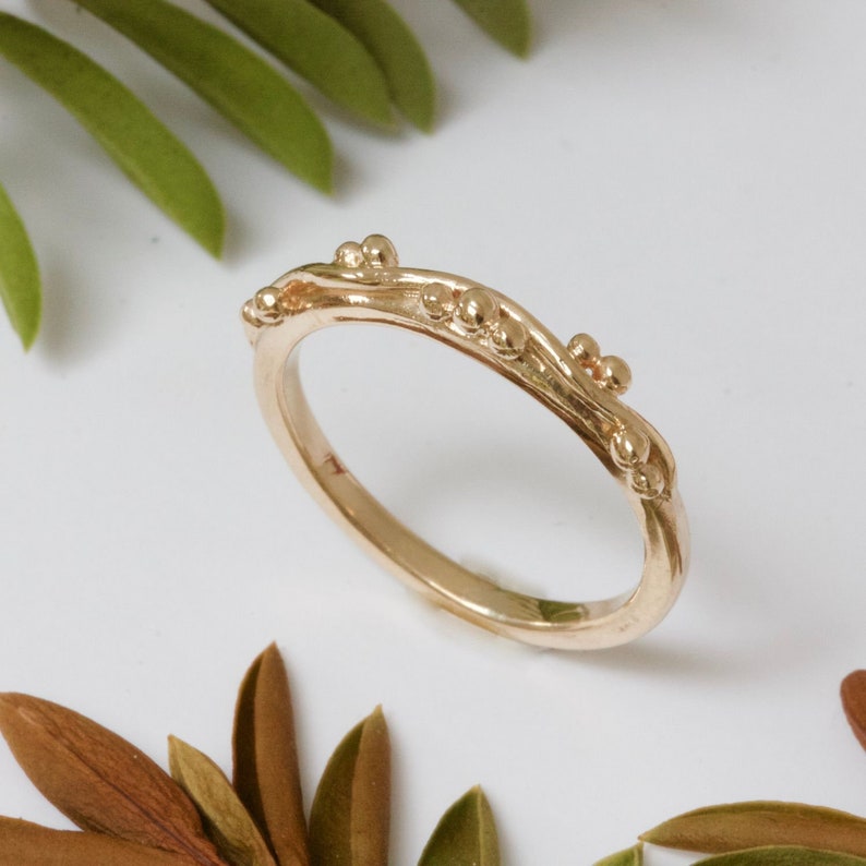 Solid gold or silver nature ring, wavy vine wedding band image 1