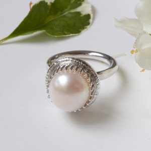 White Pearl Statement Ring, handmade pearl engagement ring, June Birthstone Ring, Large Pearl Dress Ring image 2