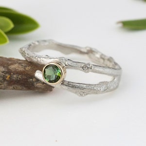 Green Tourmaline Woodland Twig Ring, Alternative Engagement Ring image 1