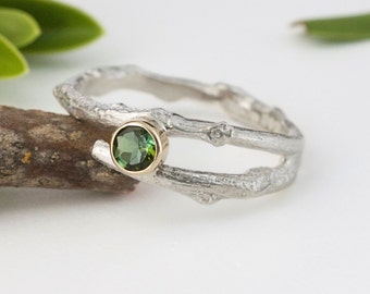 Green Tourmaline Woodland Twig Ring, Alternative Engagement Ring