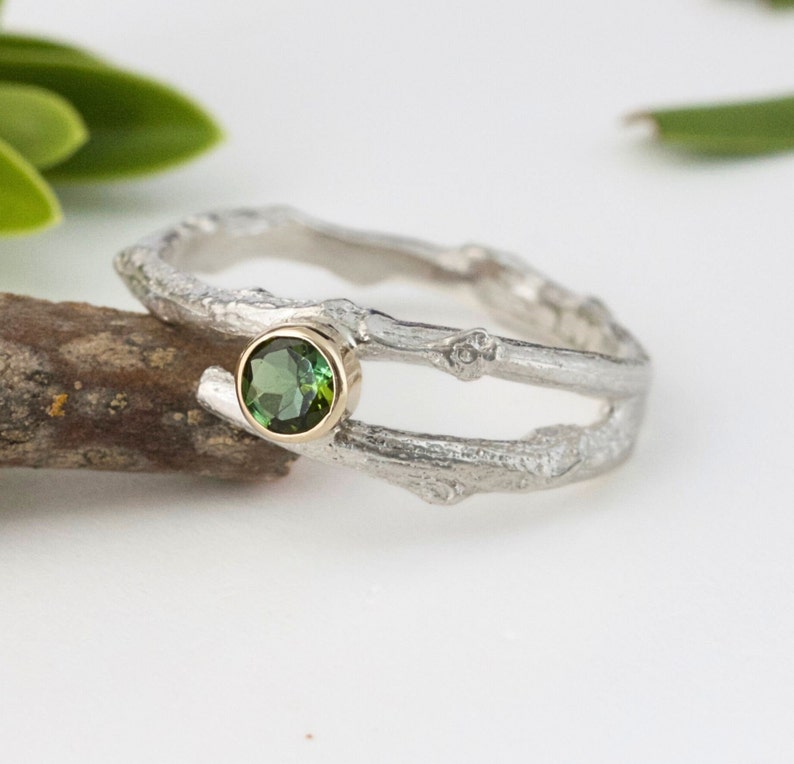 Green Tourmaline Woodland Twig Ring, Alternative Engagement Ring image 1
