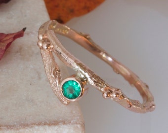 Rose Gold and Emerald Twig and Berry Engagement Ring, May Birthstone Ring