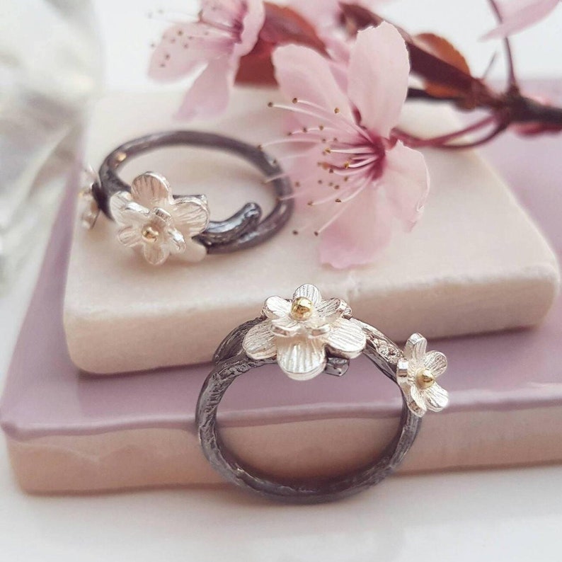Cherry Blossom Ring. Mixed Metal Silver and Gold. Nature Jewellery image 5