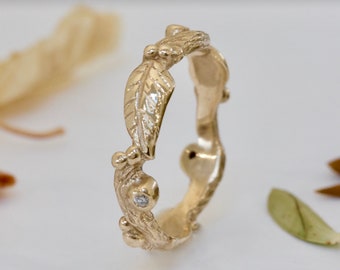 9ct Gold Leaf Wedding Ring, Organic Diamond Wedding Band, Wood Nymph Ring