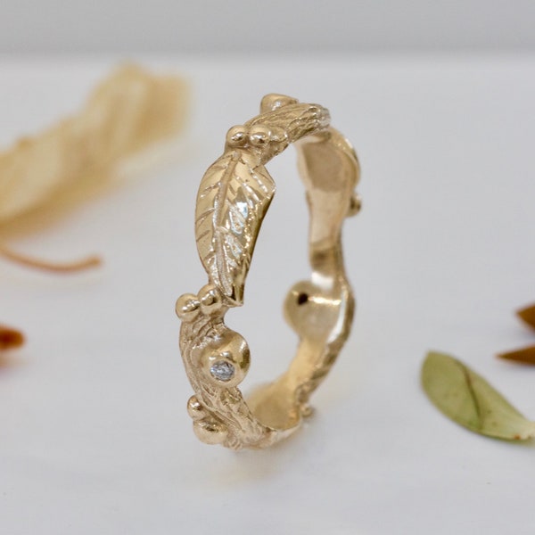 9ct Gold Leaf Wedding Ring, Organic Diamond Wedding Band, Wood Nymph Ring