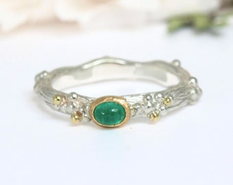 Emerald Woodland Ring, Silver and 18ct Gold Nature Ring