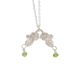 Peridot Woodland Elven Silver Blossom Necklace