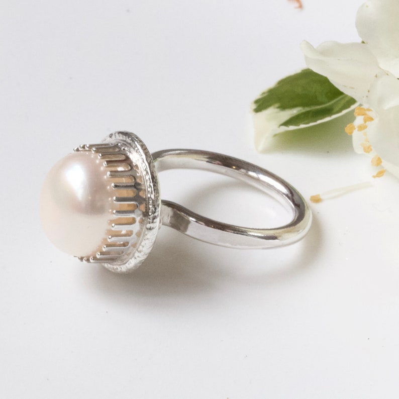 White Pearl Statement Ring, handmade pearl engagement ring, June Birthstone Ring, Large Pearl Dress Ring image 3